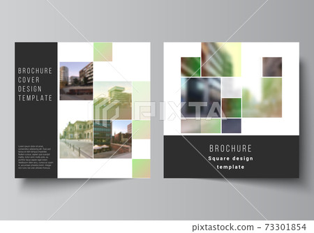 Vector layout of two square format covers design templates for brochure, flyer, magazine, cover design, book design, brochure cover. Abstract project with clipping mask green squares for your photo. 73301854