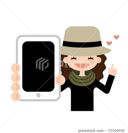 一個戴著帽子拿著智能手機的女人的插圖 一個戴著帽子拿著智能手機的女人的插圖 73304042