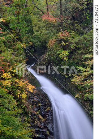 Slow shutter through the Ozen waterfall at the beginning of autumn colors in the Shirasuna Valley, Nakanojo Town, Gunma Prefecture Slow shutter through the Ozen waterfall at the beginning of autumn colors in the Shirasuna Valley, Nakanojo Town, Gunma Prefecture 73304273