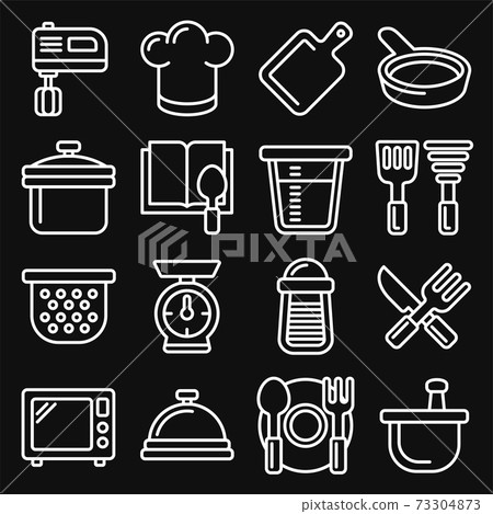 Kitchen and Cooking Icons Set on Black Background. Line Style Vector Kitchen and Cooking Icons Set on Black Background. Line Style Vector 73304873