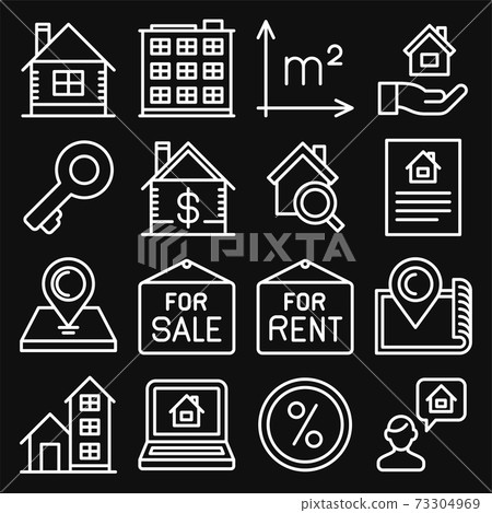 Real Estate Icons Set on Black Background. Line... - Stock Illustration ...
