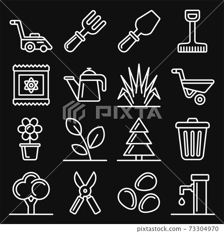 Gardening Icons Set on Black Background. Line... - Stock Illustration ...