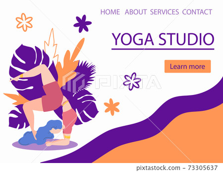 Website banner design for Yoga studio promotion with Learn more button. Yogi woman meditating 73305637
