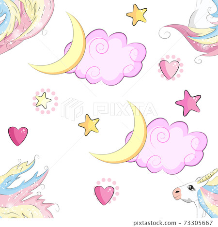 Seamless pattern with cute unicorns, stars, hearts, rainbow, moon, doodle abstractions. Magic endless background with little unicorns. 73305667