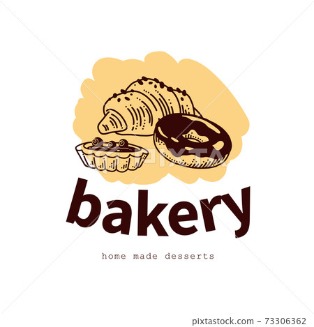 Bakery house logo design with hand drawn croissant, pie and donut illustration. 73306362