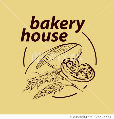 Bakery house logo design with hand drawn wheat, bun and bread baguette illustration. Bakery house logo design with hand drawn wheat, bun and bread baguette illustration. 73306364