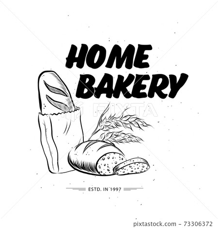 Home bakery logo design with hand drawn bread baguette and loaf, wheat illustration. Home bakery logo design with hand drawn bread baguette and loaf, wheat illustration. 73306372