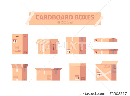 Cardboard boxes. Delivery packages shipping container symbols garish vector illustrations collection 73308217