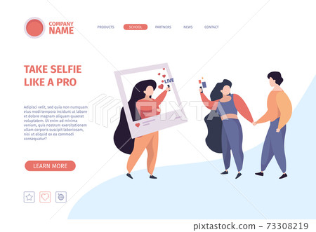 Selfie landing page. People make photo on smartphone characters holding telephone garish vector business website template Selfie landing page. People make photo on smartphone characters holding telephone garish vector business website template 73308219