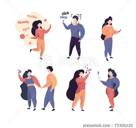 Selfie characters. People making photo or record video on smartphone stylish person talking phone garish vector persons Selfie characters. People making photo or record video on smartphone stylish person talking phone garish vector persons 73308220