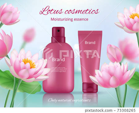 Cosmetic ads placard. Beautiful lotus flowers with packages of beauty cosmetic products decent vector realistic background Cosmetic ads placard. Beautiful lotus flowers with packages of beauty cosmetic products decent vector realistic background 73308265