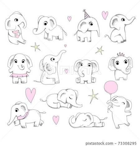 Cute baby elephant. Newborn animals sitting and playing neoteric vector elephants collection Cute baby elephant. Newborn animals sitting and playing neoteric vector elephants collection 73308295