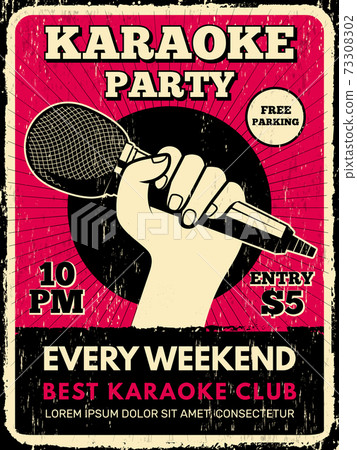 Karaoke party poster. Music club placard with microphone silhouettes recent vector flyer template 73308302