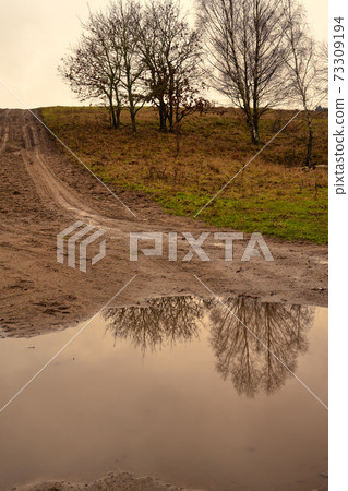 A muddy puddle and a dirt road at a moor. Picture from Revingehed, Scania, Sweden A muddy puddle and a dirt road at a moor. Picture from Revingehed, Scania, Sweden 73309194
