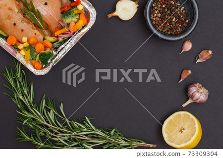 Ingredients with copy space for recipe of cooking on black background. Ingredients with copy space for recipe of cooking on black background. 73309304