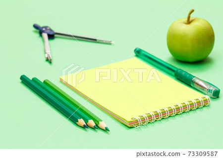 Compass, color pencils, notebook, pen and apple on the green background. Compass, color pencils, notebook, pen and apple on the green background. 73309587