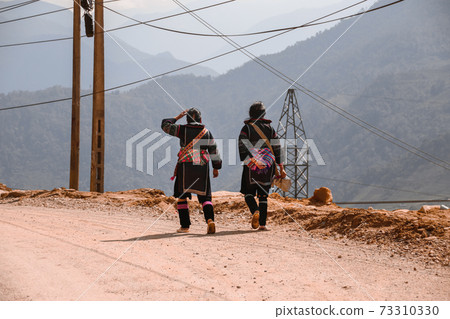 Women from the Hmong tribe wearing their traditional clothes while walking back to Lao Cai Village in Sa pa, Vietnam 73310330
