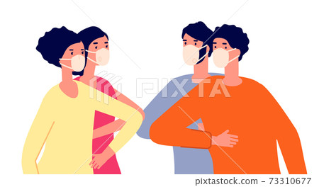 Friends bumping elbows. Distance greeting, protection contacts with people. Safe social touch, persons together in masks utter vector concept 73310677