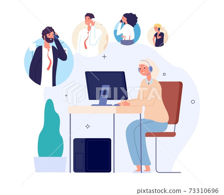 Call center operator queue. Support service waiting line, people need help or faq. Senior woman work, customer manager at computer desk with headphones vector concept 73310696