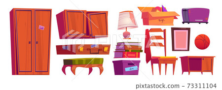 Old furniture, archive items on house attic 73311104