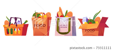 Shopping bags, market basket and box with grocery Shopping bags, market basket and box with grocery 73311111