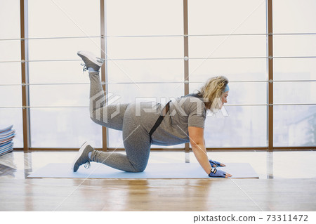 Adult fat woman doing gymnastics at the gym 73311472
