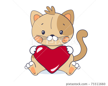 A sweet kitten sits and holds a big red heart. Cute pet for Valentine's Day. Vector illustration for a baby shower on a white background, flat cartoon design. A sweet kitten sits and holds a big red heart. Cute pet for Valentine's Day. Vector illustration for a baby shower on a white background, flat cartoon design. 73311660