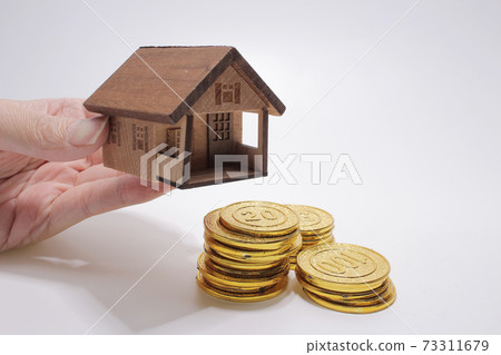 a Growing coins house on stack coins in hand 73311679