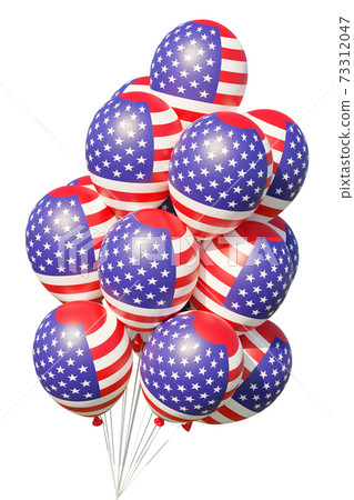 USA patriotic balloons painted with American flag with ribbons. 73312047