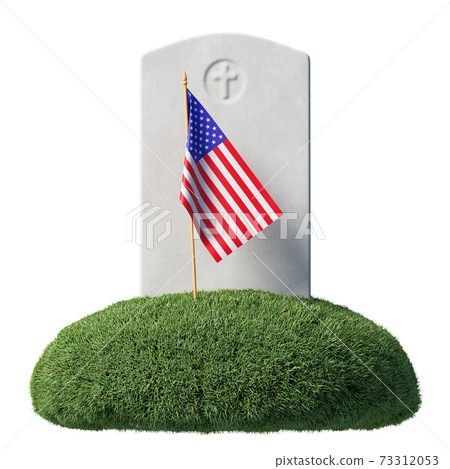 Small American flag and headstone on green grass islet isolated 73312053