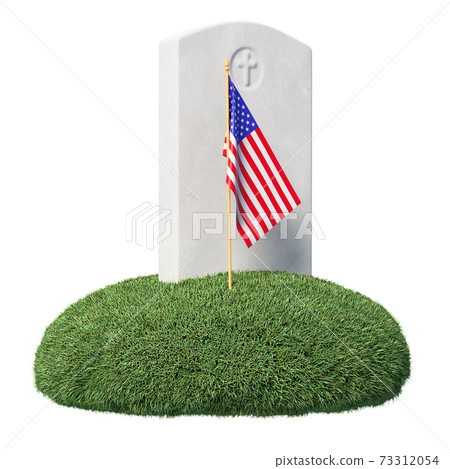 Headstone and small American flag on green grass islet isolated Headstone and small American flag on green grass islet isolated 73312054