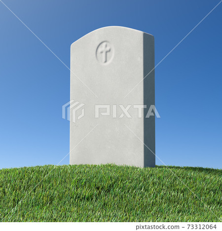 Gray blank gravestone on green grass hill under blue sky Gray blank gravestone on green grass hill under blue sky 73312064