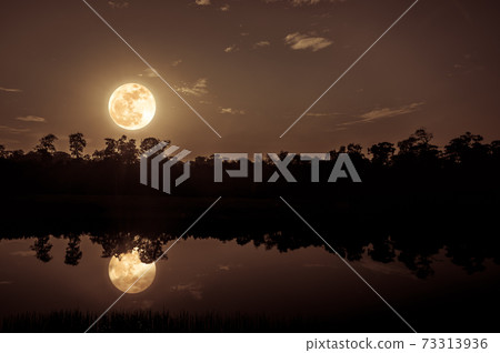 Fantasy sky and bright full moon above silhouettes of trees and lake. 73313936