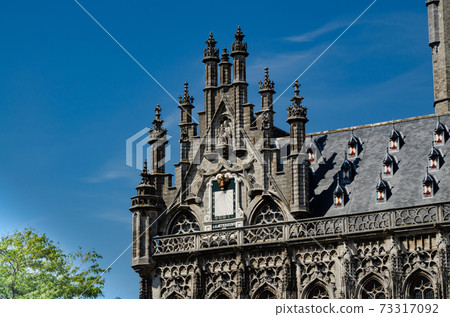 Middelburg, Netherlands, August 2019. Details of the magnificent gothic style town hall, beautiful summer day. Middelburg, Netherlands, August 2019. Details of the magnificent gothic style town hall, beautiful summer day. 73317092