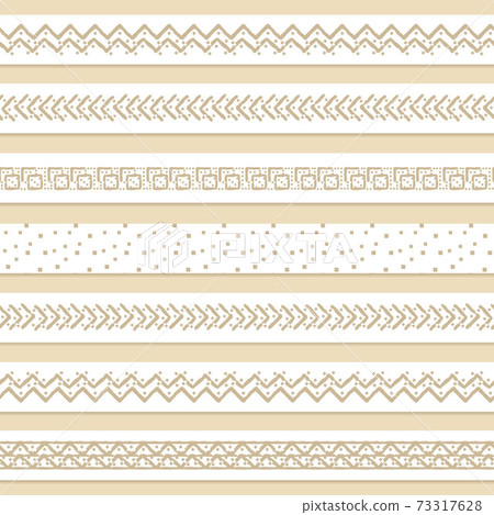 Set of seven pastel patterned brown or beige washi seamless border tapes for scrapbooking. Drawings are composed of triangles, squares and lines shapes on white background 73317628