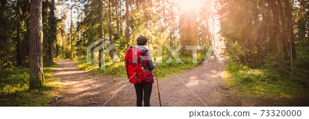 Woman hiking and going camping in nature 73320000