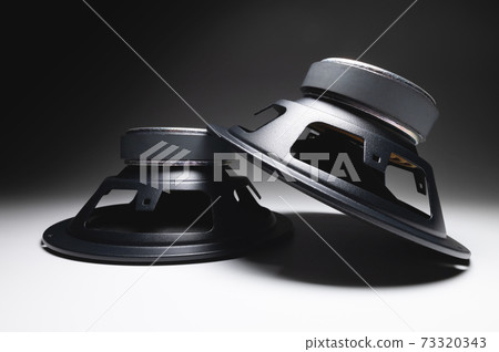 Two new car speakers on a white background in contrasting light. Wide angle audio background Two new car speakers on a white background in contrasting light. Wide angle audio background 73320343
