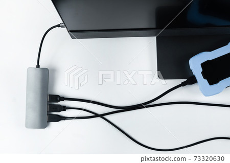 Adapter with connection of external hard drives connected to a monoblock on a white background.Computer with a hard disk 73320630
