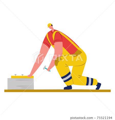 Male professional builder in protecting helmet hold tool hammer, man drive nail wooden board flat vector illustration, isolated on white. Male professional builder in protecting helmet hold tool hammer, man drive nail wooden board flat vector illustration, isolated on white. 73321194