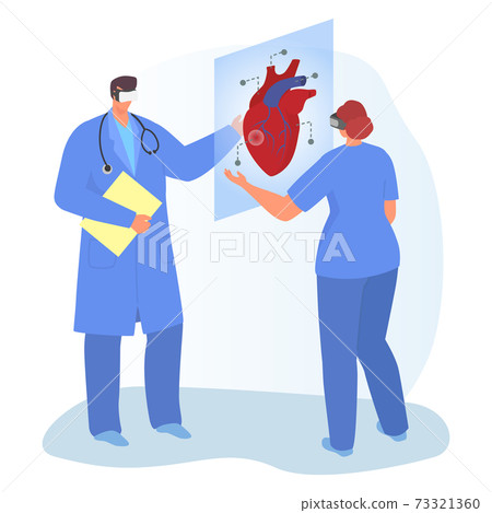 Modern medical equipment, virtual reality therapeutic technology, doctor together study human heart cartoon vector illustration, isolated on white. 73321360
