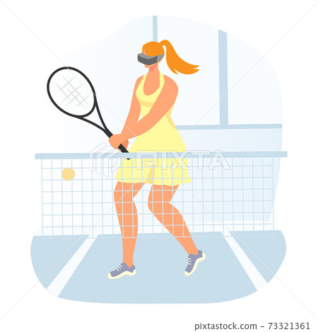 Virtual reality interactive entertainment sport simulator, modern technology woman tennis player cartoon vector illustration, isolated on white. Virtual reality interactive entertainment sport simulator, modern technology woman tennis player cartoon vector illustration, isolated on white. 73321361