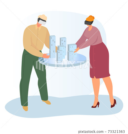 Modern technology virtual reality engineering modeling city, designer together planning building cartoon vector illustration, isolated on white. 73321363