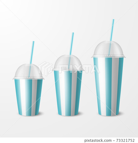 Vector 3d Realistic White, Blue Striped Paper Disposable Cup Set, Lid, Straw. Beverage, Drinks, Coffee, Soda, Tea, Cocktail, Milkshake. Design Template of Packaging for Mockup. Front View, Isolated 73321752