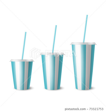 Vector 3d Realistic White, Blue Striped Paper Disposable Cup Set, Lid, Straw. Beverage, Drinks, Coffee, Soda, Tea, Cocktail, Milkshake. Design Template of Packaging for Mockup. Front View, Isolated 73321753