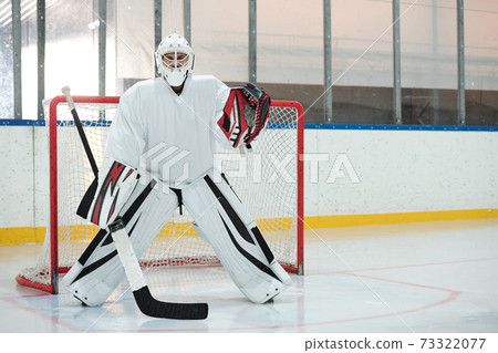 Hockey player in sports uniform, protective helmet and gloves holding stick 73322077