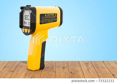 Digital Infrared Thermometer on the wooden planks, 3D rendering Digital Infrared Thermometer on the wooden planks, 3D rendering 73322131