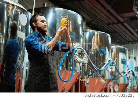 Brewery master with glass of beer in hand evaluating its visual characteristics 73322225