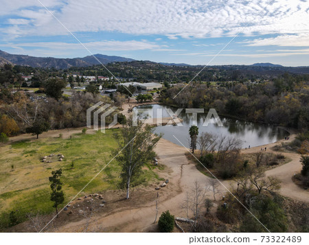 Aerial view of lake at the Kit Carson Park, municipal park in Escondido 73322489