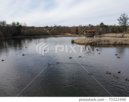 Aerial view of lake at the Kit Carson Park, municipal park in Escondido 73322499