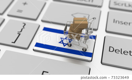 Shopping cart on the keyboard key with flag of Israel. ecommerce related 3d rendering Shopping cart on the keyboard key with flag of Israel. ecommerce related 3d rendering 73323649
